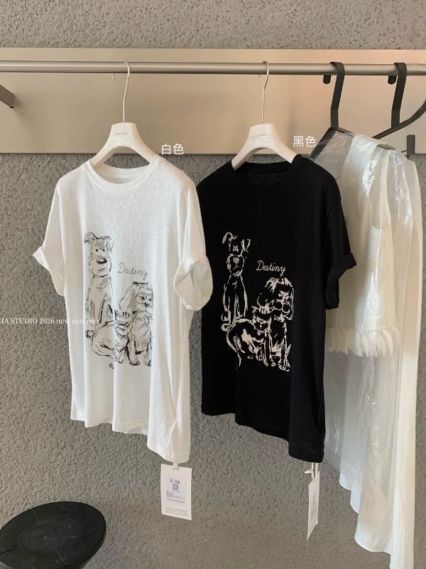 경관 그림 21 순면 210 그램 여름 드레스 한 부서 반팔 티셔츠 여성 한국 스타일 루즈핏 빅 사이즈 프린트