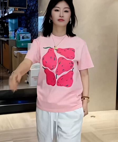 한 부서 순면 기본 셔츠 여름 새로운 느긋한 루즈핏 과일 프린트 라운드 넥 반팔 빅 사이즈 여성 의류 티셔츠