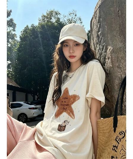 한 부서 순면 기본 셔츠 여름 새로운 느긋한 루즈핏 불가사리 프린트 라운드 넥 반팔 빅 사이즈 여성 의류 티셔츠