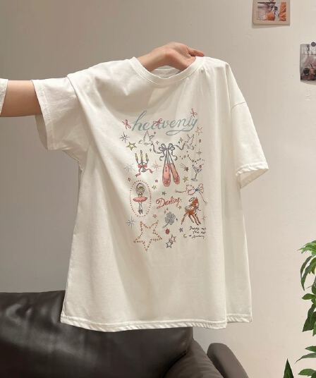 2026 한국 대외 무역 새로운 여름 드레스 한 부서 반팔 티셔츠 여성 한국 스타일 루즈핏 빅 사이즈 프린트