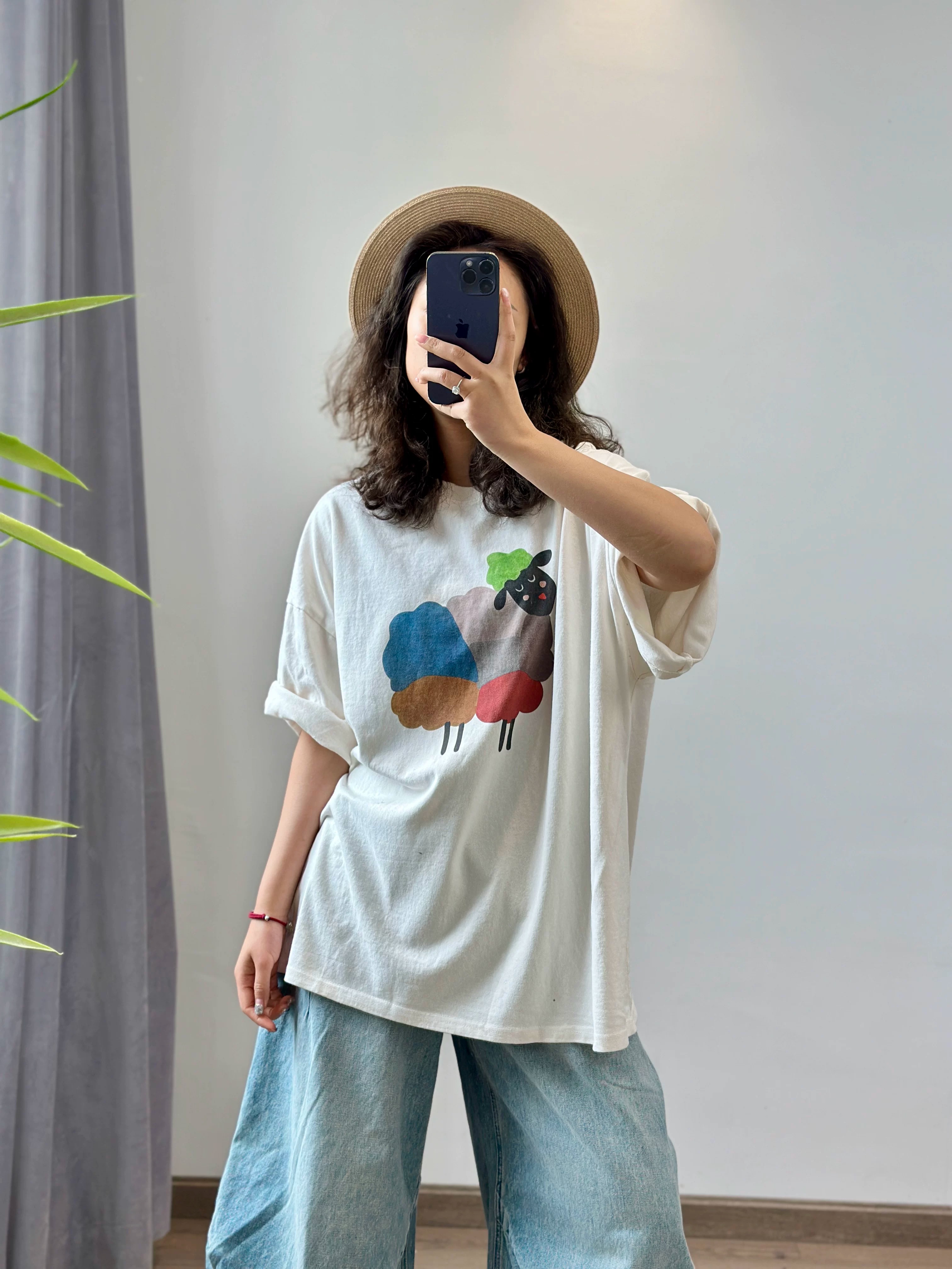 경관 그림 21 순면 210 그램 여름 드레스 한 부서 반팔 티셔츠 여성 한국 스타일 루즈핏 빅 사이즈 프린트