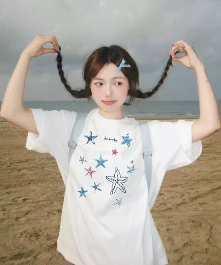경관 그림 21 순면 210 그램 순면 여름 드레스 한 부서 반팔 티셔츠 여성 한국 스타일 루즈핏 빅 사이즈 프린트