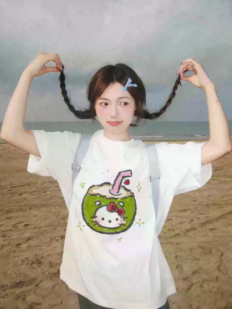 2026 한국 대외 무역 새로운 캐주얼 여름 드레스 한 부서 반팔 티셔츠 여성 한국 스타일 루즈핏 빅 사이즈 프린트