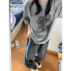 批发韩系纯棉<b class='q'>打底衫</b>夏季新款慵懒宽松卡通印花圆领短袖<b class='q'>大码</b>女装T恤