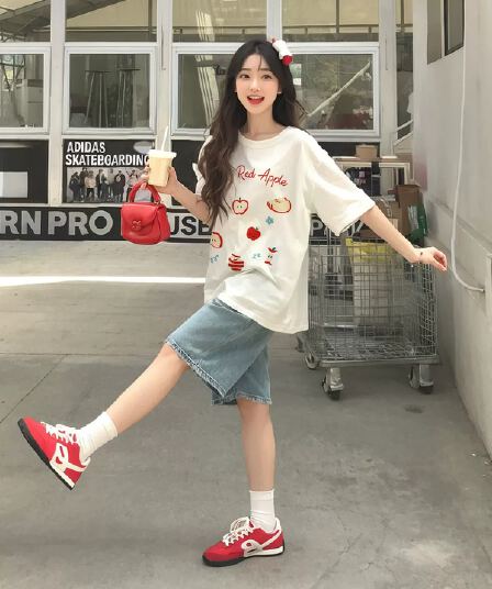 한 부서 순면 기본 셔츠 여름 새로운 느긋한 루즈핏 애플 프린트 라운드 넥 반팔 빅 사이즈 여성 의류 티셔츠