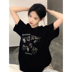批发韩系纯棉<b class='q'>打底衫</b>夏季新款慵懒宽松人物印花圆领短袖<b class='q'>大码</b>女装T恤