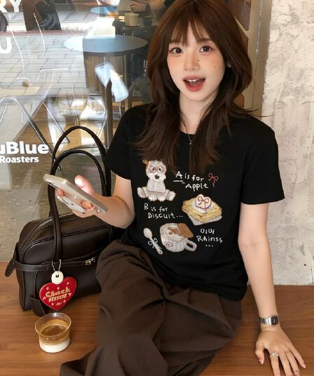 한 부서 순면 기본 셔츠 여름 새로운 느긋한 루즈핏 만화 프린트 라운드 넥 반팔 빅 사이즈 여성 의류 티셔츠