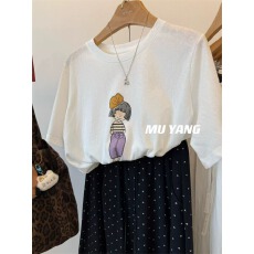 批发韩系纯棉<b class='q'>打底衫</b>夏季新款慵懒宽松女孩印花圆领短袖<b class='q'>大码</b>女装T恤