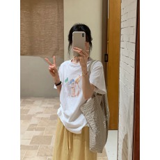 批发韩系纯棉<b class='q'>打底衫</b>夏季新款慵懒宽松卡通印花圆领短袖<b class='q'>大码</b>女装T恤