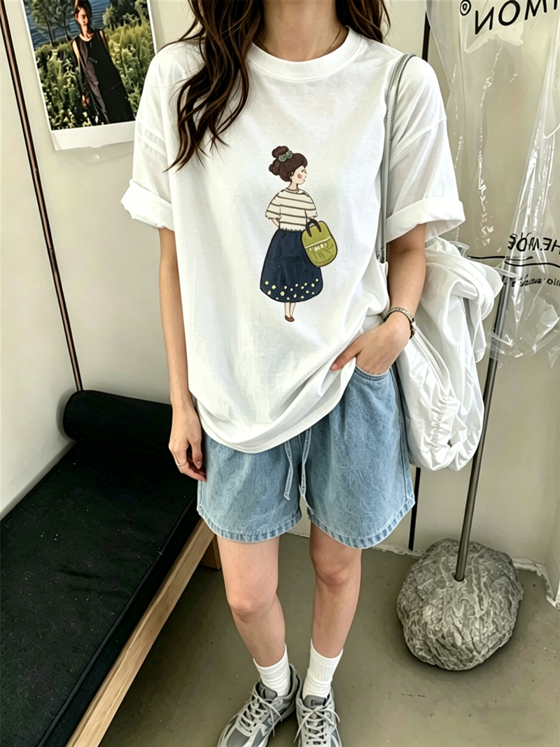 경관 그림 21 순면 210 그램 이후 패키지 칼라 여름 드레스 한 부서 반팔 티셔츠 여성 한국 스타일 루즈핏 빅 사이즈 프린트