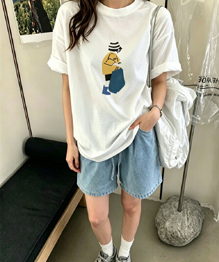경관 그림 21 순면 210 그램 이후 패키지 칼라 여름 드레스 한 부서 반팔 티셔츠 여성 한국 스타일 루즈핏 빅 사이즈 프린트