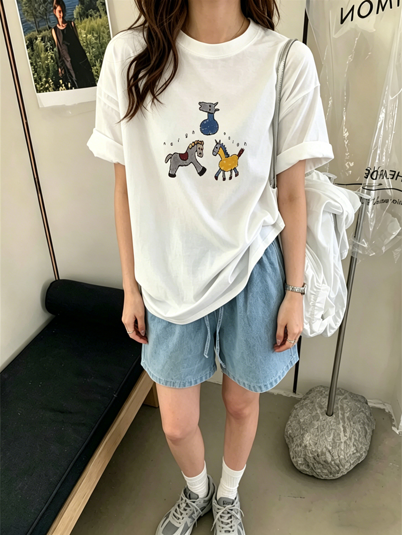 2026 한국 대외 무역 새로운 이후 패키지 칼라 여름 드레스 한 부서 반팔 티셔츠 여성 한국 스타일 루즈핏 빅 사이즈 프린트