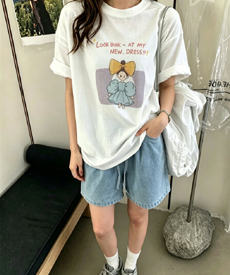 2026 한국 캐주얼 대외 무역 여름 드레스 한 부서 반팔 티셔츠 여성 한국 스타일 루즈핏 빅 사이즈 프린트