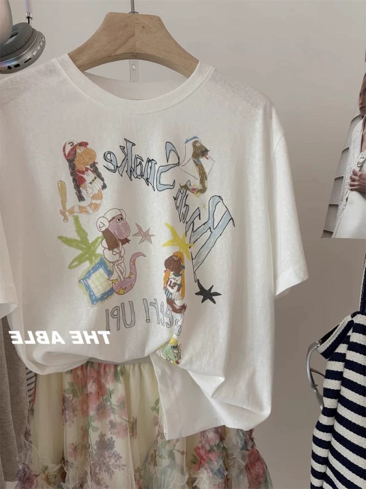 경관 그림 21 순면 210 그램 이후 패키지 칼라 여름 드레스 한 부서 반팔 티셔츠 여성 한국 스타일 루즈핏 빅 사이즈 프린트