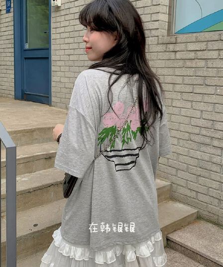 경관 그림 21 순면 210 그램 이후 패키지 칼라 여름 드레스 한 부서 반팔 티셔츠 여성 한국 스타일 루즈핏 빅 사이즈 프린트