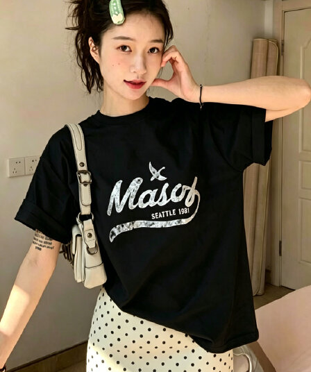 경관 그림 21 순면 210 그램 이후 패키지 칼라 여름 드레스 한 부서 반팔 티셔츠 여성 한국 스타일 루즈핏 빅 사이즈 프린트