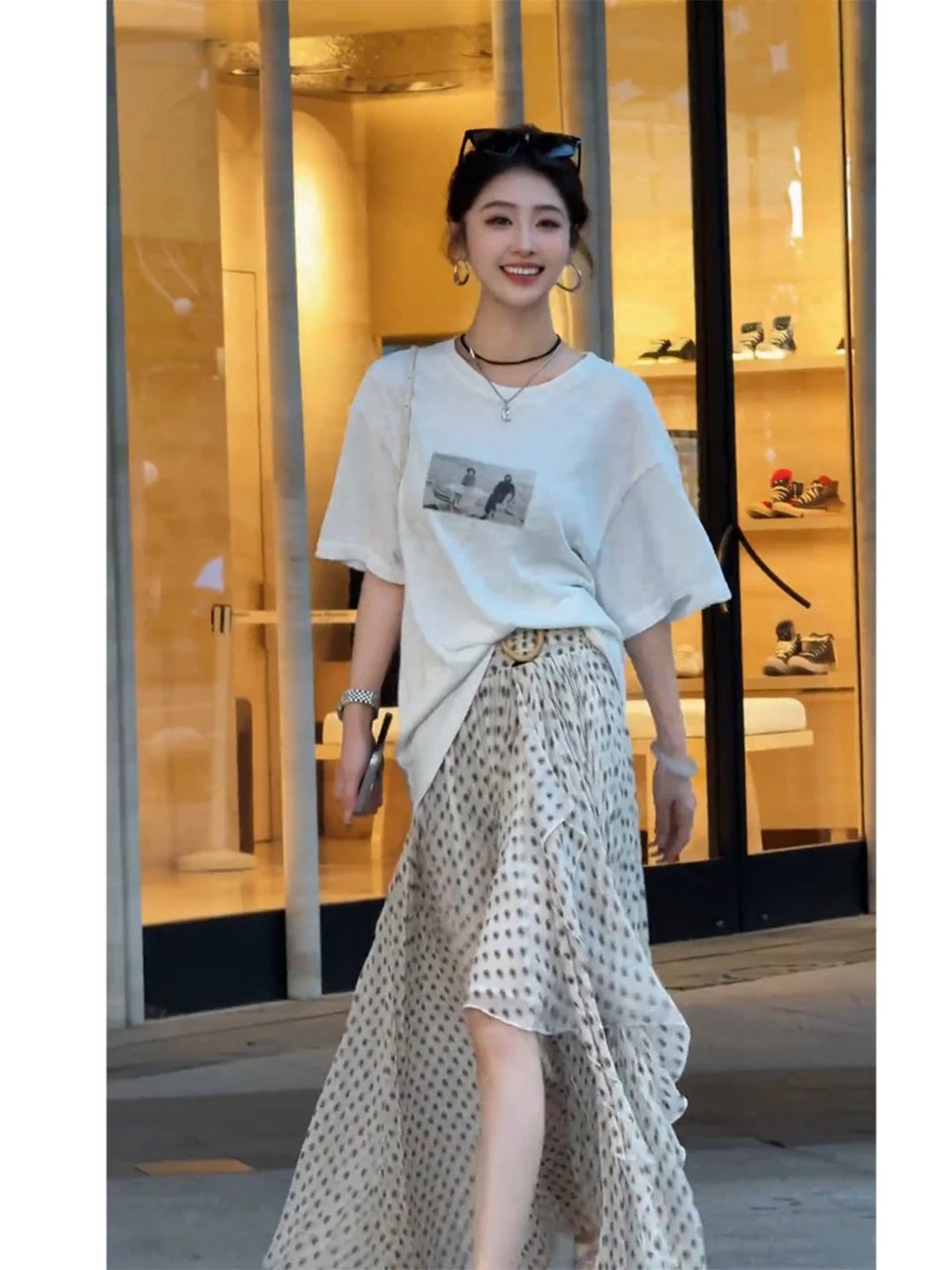 경관 그림 21 순면 210 그램 이후 패키지 칼라 여름 드레스 한 부서 반팔 티셔츠 여성 한국 스타일 루즈핏 빅 사이즈 프린트