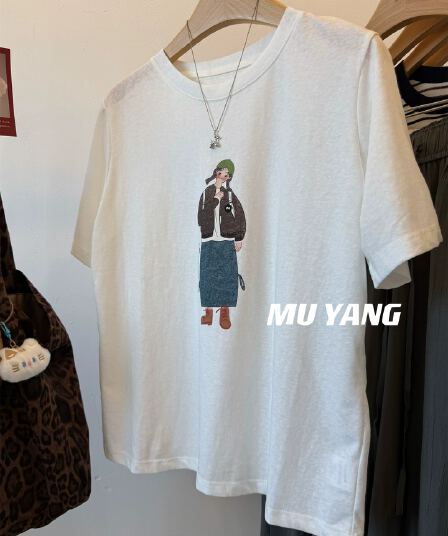 경관 그림 21 순면 210 그램 이후 패키지 칼라 여름 드레스 한 부서 반팔 티셔츠 여성 한국 스타일 루즈핏 빅 사이즈 프린트