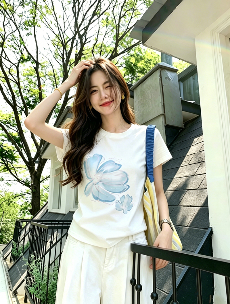 경관 그림 40 순면 220 그램 92 면 8 암모니아 Lun 긍정적 인 어깨 반팔 티셔츠 여성 프린트