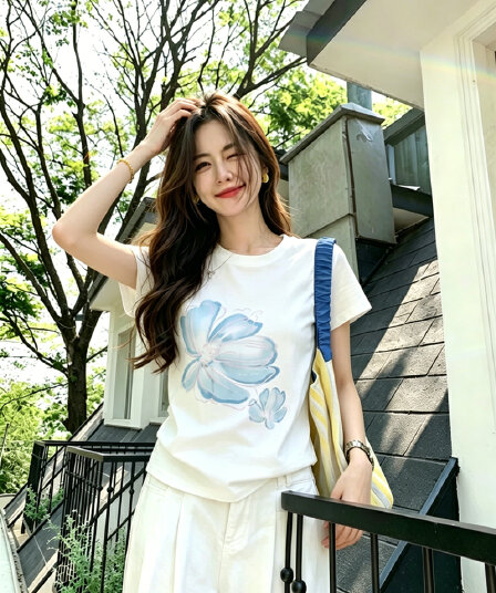경관 그림 정가 40 순면 220 그램 92 면 8 암모니아 Lun 긍정적 인 어깨 반팔 티셔츠 여성 프린트