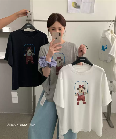 경관 그림 21 순면 210 그램 이후 패키지 칼라 여름 드레스 한 부서 반팔 티셔츠 여성 한국 스타일 루즈핏 빅 사이즈 프린트