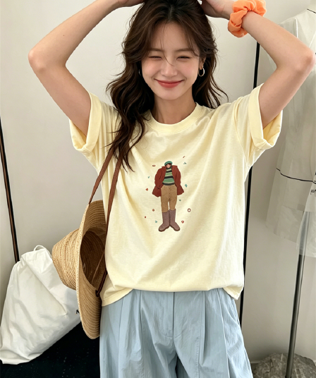 경관 그림 21 순면 210 그램 이후 패키지 칼라 여름 드레스 한 부서 반팔 티셔츠 여성 한국 스타일 루즈핏 빅 사이즈 프린트