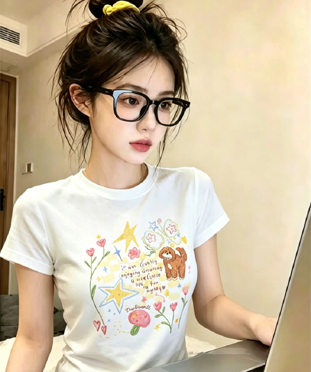 경관 그림 정가 40 순면 220 그램 92 면 8 암모니아 Lun 긍정적 인 어깨 반팔 티셔츠 여성 프린트