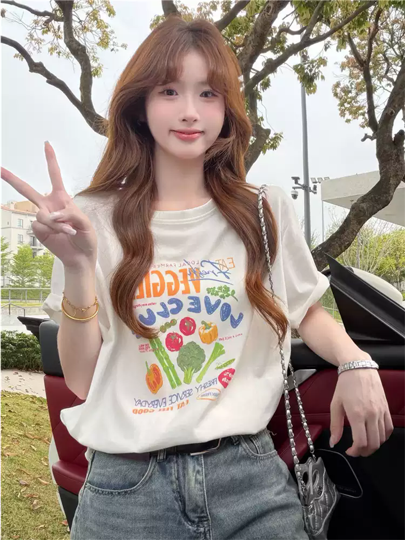 여름 드레스 한 부서 반팔 티셔츠 여성 한국 스타일 루즈핏 빅 사이즈 프린트