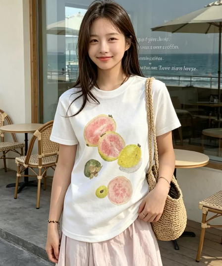 한 부서 순면 기본 셔츠 여성 2026 여름 새로운 과일 프린트 라운드 넥 다용도 반팔 티셔츠 루즈핏 맨위