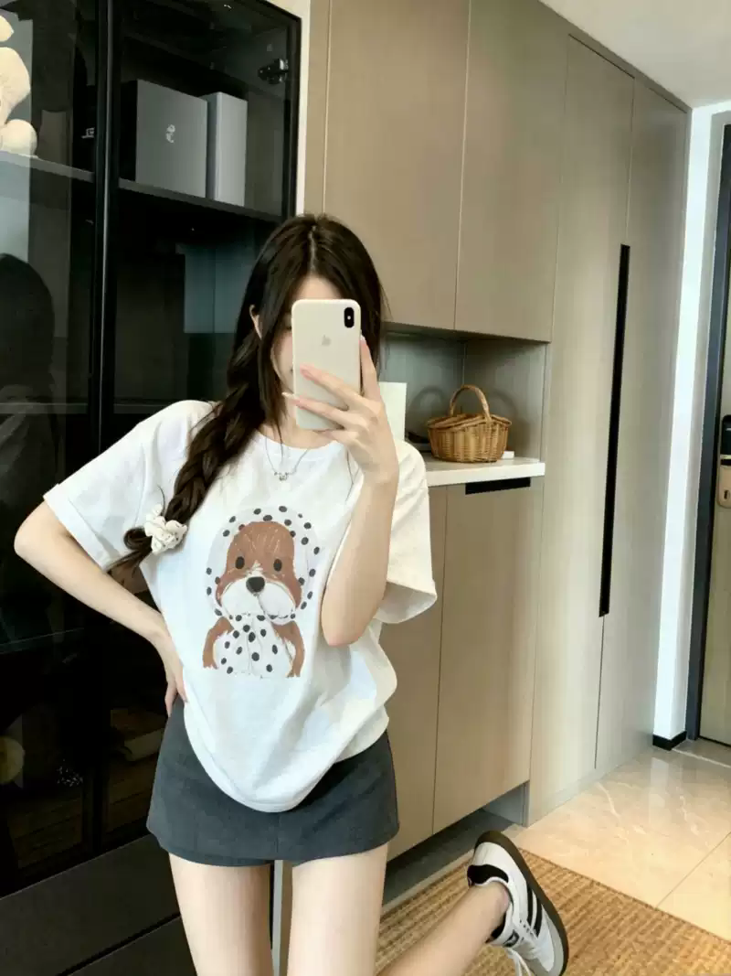 경관 그림 21 순면 210 그램 이후 패키지 칼라 여름 드레스 한 부서 반팔 티셔츠 여성 한국 스타일 루즈핏 빅 사이즈 프린트