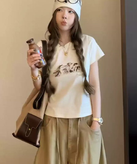 경관 그림 40 순면 220 그램 92 면 8 암모니아 Lun 긍정적 인 어깨 반팔 티셔츠 여성 프린트