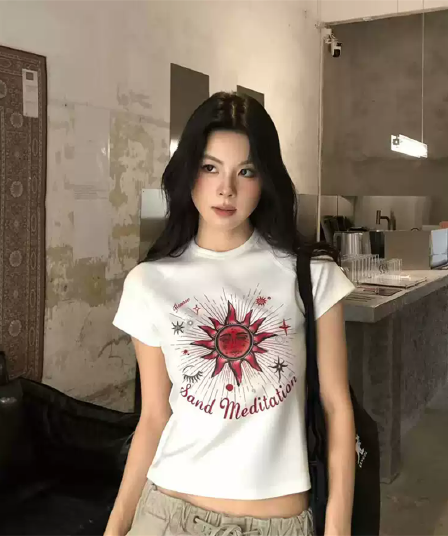 경관 그림 정가 40 순면 220 그램 92 면 8 암모니아 Lun 긍정적 인 어깨 반팔 티셔츠 여성 프린트