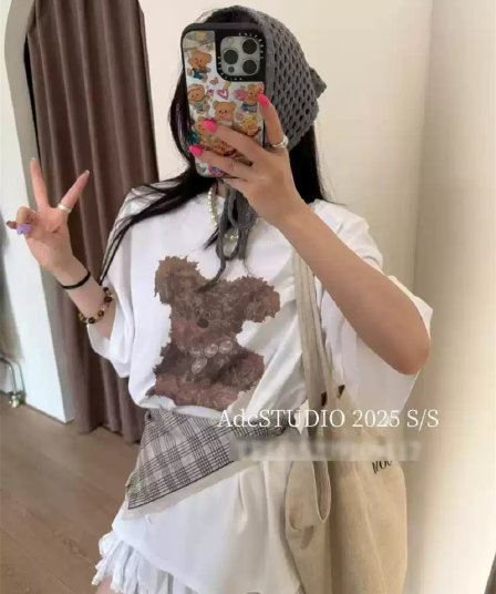 한 부서 순면 기본 셔츠 여름 새로운 느긋한 루즈핏 만화 프린트 라운드 넥 반팔 빅 사이즈 여성 의류 티셔츠