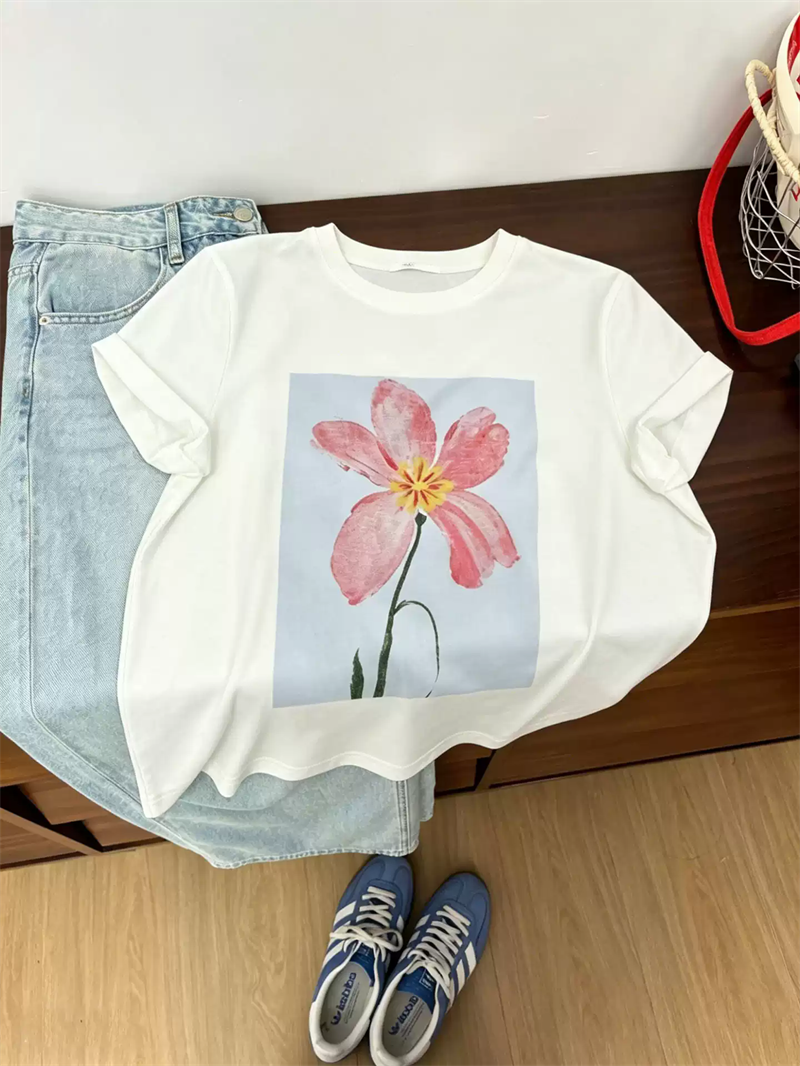 경관 그림 21 순면 210 그램 이후 패키지 칼라 여름 드레스 한 부서 반팔 티셔츠 여성 한국 스타일 루즈핏 빅 사이즈 프린트