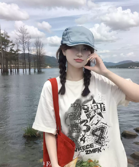 경관 그림 21 순면 210 그램 이후 패키지 칼라 여름 드레스 한 부서 반팔 티셔츠 여성 한국 스타일 루즈핏 빅 사이즈 프린트