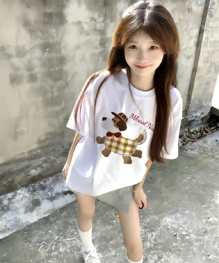 경관 그림 21 순면 210 그램 이후 패키지 칼라 여름 드레스 한 부서 반팔 티셔츠 여성 한국 스타일 루즈핏 빅 사이즈 프린트