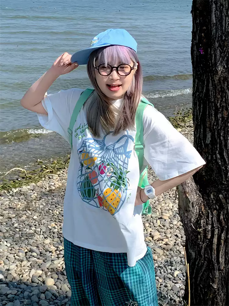 경관 그림 21 순면 210 그램 이후 패키지 칼라 여름 드레스 한 부서 반팔 티셔츠 여성 한국 스타일 루즈핏 빅 사이즈 프린트