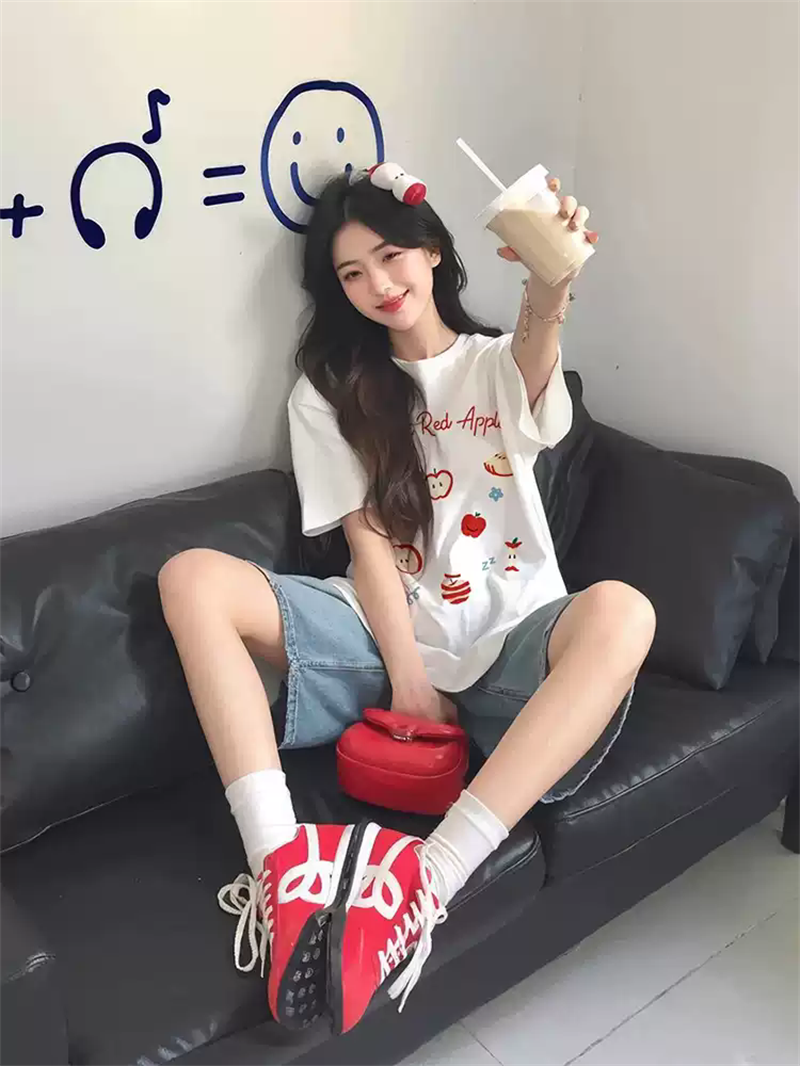경관 그림 21 순면 210 그램 이후 패키지 칼라 여름 드레스 한 부서 반팔 티셔츠 여성 한국 스타일 루즈핏 빅 사이즈 프린트