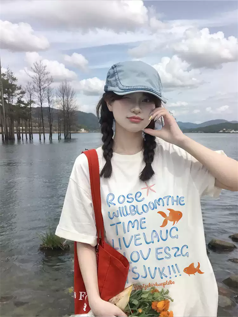 경관 그림 21 순면 210 그램 이후 패키지 칼라 여름 드레스 한 부서 반팔 티셔츠 여성 한국 스타일 루즈핏 빅 사이즈 프린트