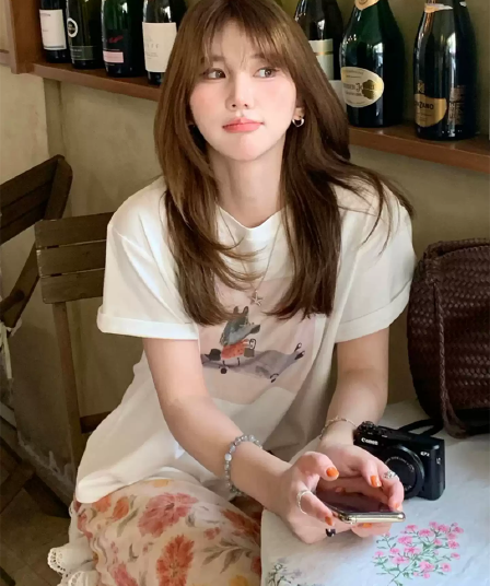 경관 그림 21 순면 210 그램 이후 패키지 칼라 여름 드레스 한 부서 반팔 티셔츠 여성 한국 스타일 루즈핏 빅 사이즈 프린트