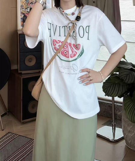 경관 그림 21 순면 210 그램 이후 패키지 칼라 여름 드레스 한 부서 반팔 티셔츠 여성 한국 스타일 루즈핏 빅 사이즈 프린트