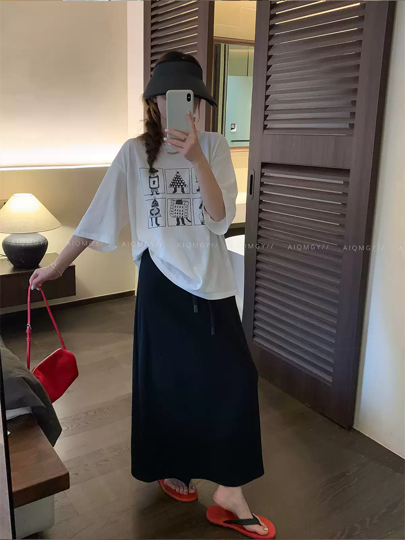 경관 그림 21 순면 210 그램 이후 패키지 칼라 여름 드레스 한 부서 반팔 티셔츠 여성 한국 스타일 루즈핏 빅 사이즈 프린트