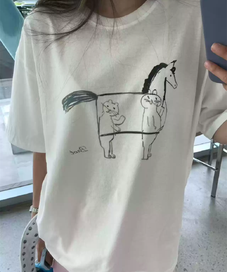 경관 그림 21 순면 210 그램 이후 패키지 칼라 여름 드레스 한 부서 반팔 티셔츠 여성 한국 스타일 루즈핏 빅 사이즈 프린트