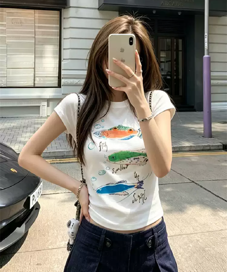 2026 한국 대외 무역 새로운 220 그램 92 면 8 암모니아 Lun 긍정적 인 어깨 반팔 티셔츠 여성 프린트