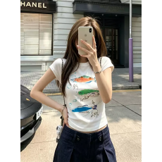 2026韩国外贸新款-220克 92%棉8%氨纶 正肩短袖T恤女印花