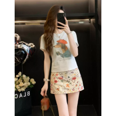 2026韩国外贸新款休闲 92%棉8%氨纶 正肩短袖T恤女印花