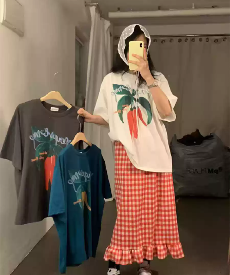 경관 그림 21 순면 210 그램 이후 패키지 칼라 여름 드레스 한 부서 반팔 티셔츠 여성 한국 스타일 루즈핏 빅 사이즈 프린트