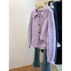 2025新款紫色翻领开衫外套软糯毛衣女秋冬休闲韩系百搭小个子上衣