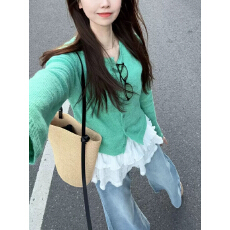 批发韩系花边圆领针织开衫外套2026春季新款女装宽松显瘦设计感上衣潮