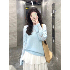 批发韩系漂亮蓝色镂空针织打底衫女春装可外穿内搭独特超好看毛衣上衣